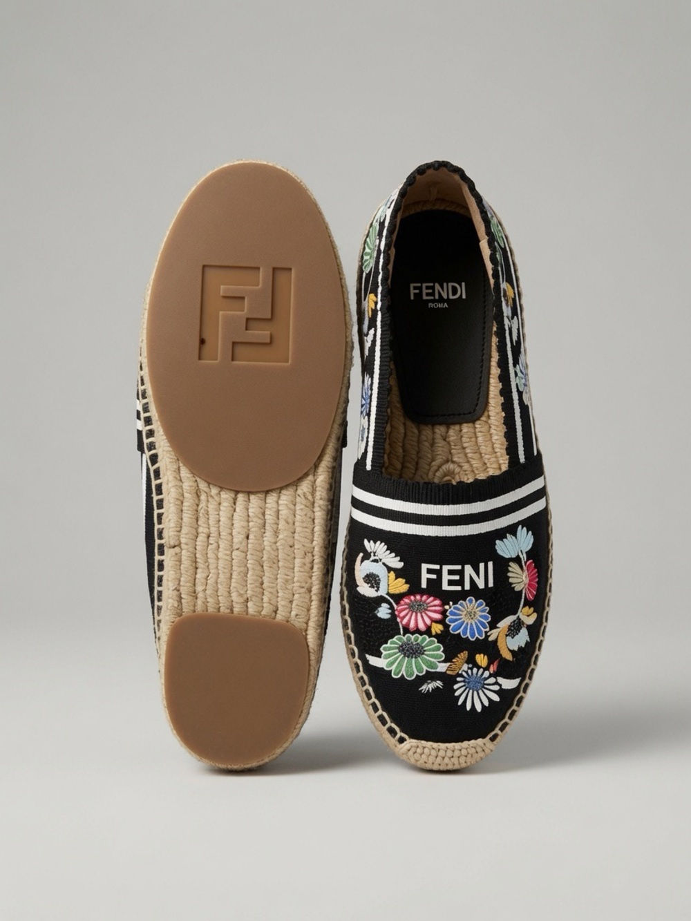 Fendi Black Floral Embroidered Espadrilles with Multicolor Flowers
